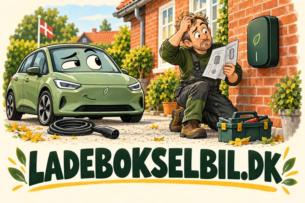 LADEBOKSELBIL.DK: En dansk mand forsøger at montere en ladeboks, mens hans elbil kigger skeptisk og humoristisk på ham.